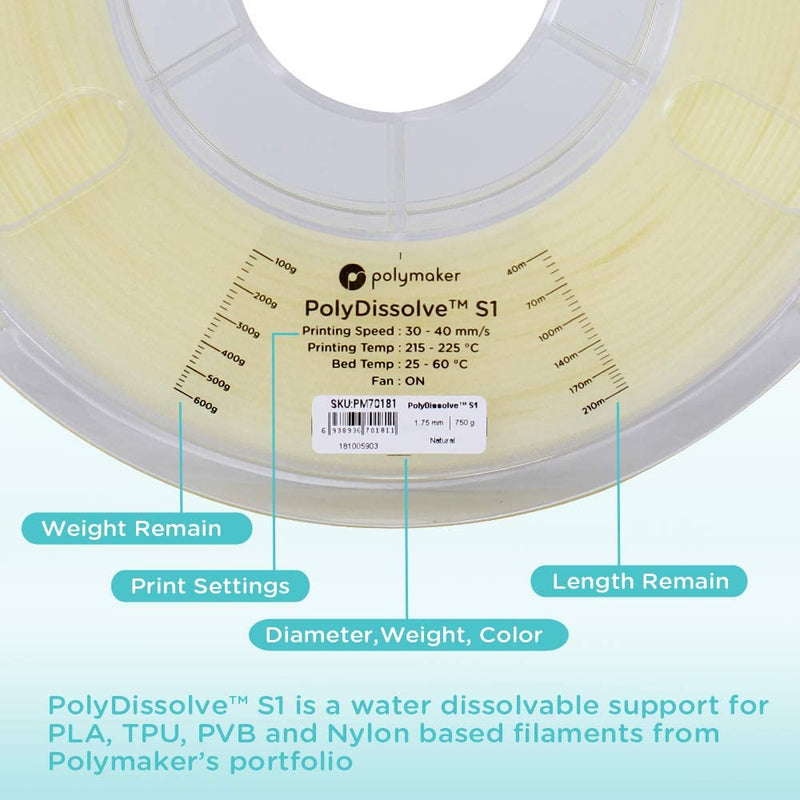 PolyMaker PolyDissolve S1 Support Filament - 1.75mm (0.75kg